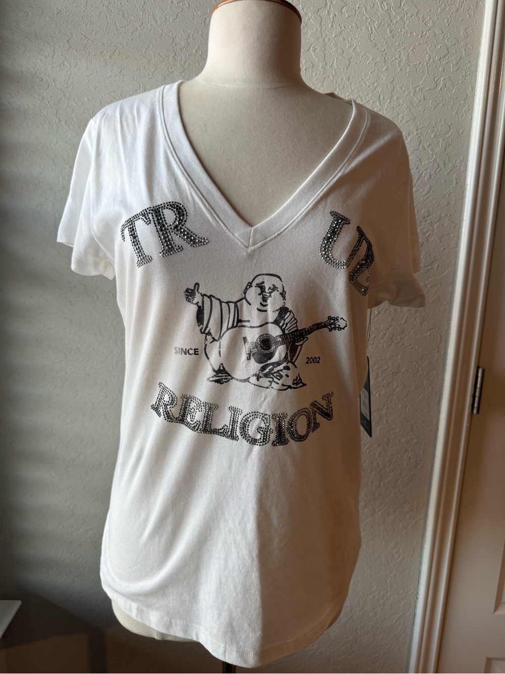 True Religion White V-Neck Graphic Tee with Black Print